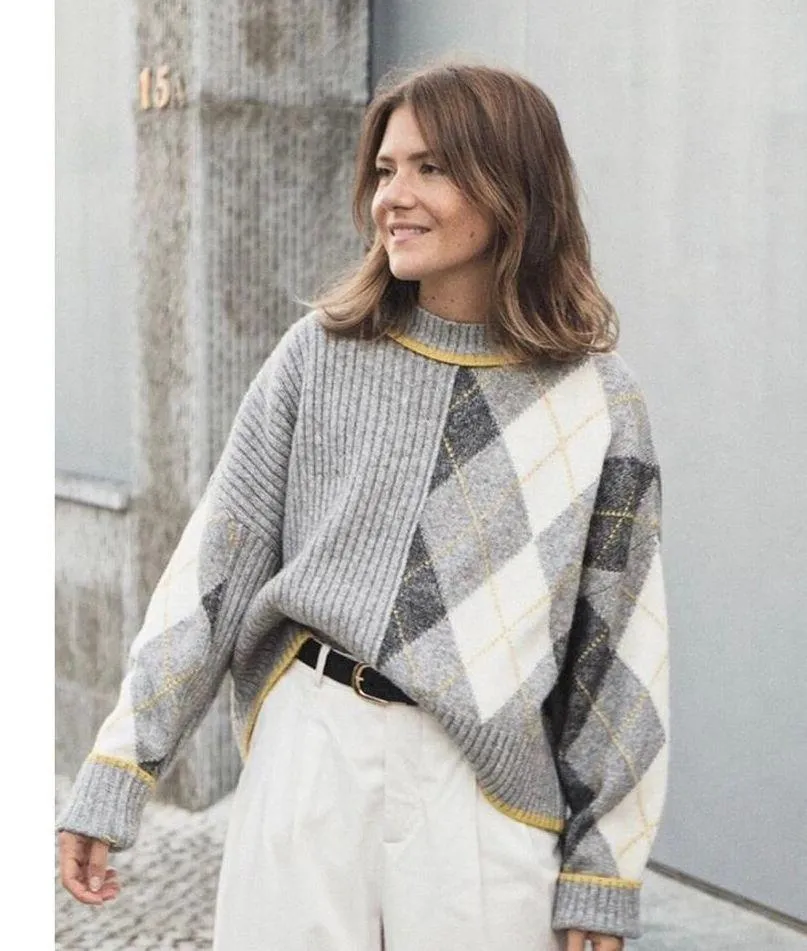 Pringle of Scotland x H&M Gray Ribbed Knit Argyle Crewneck Sweater Size Small - Image 2