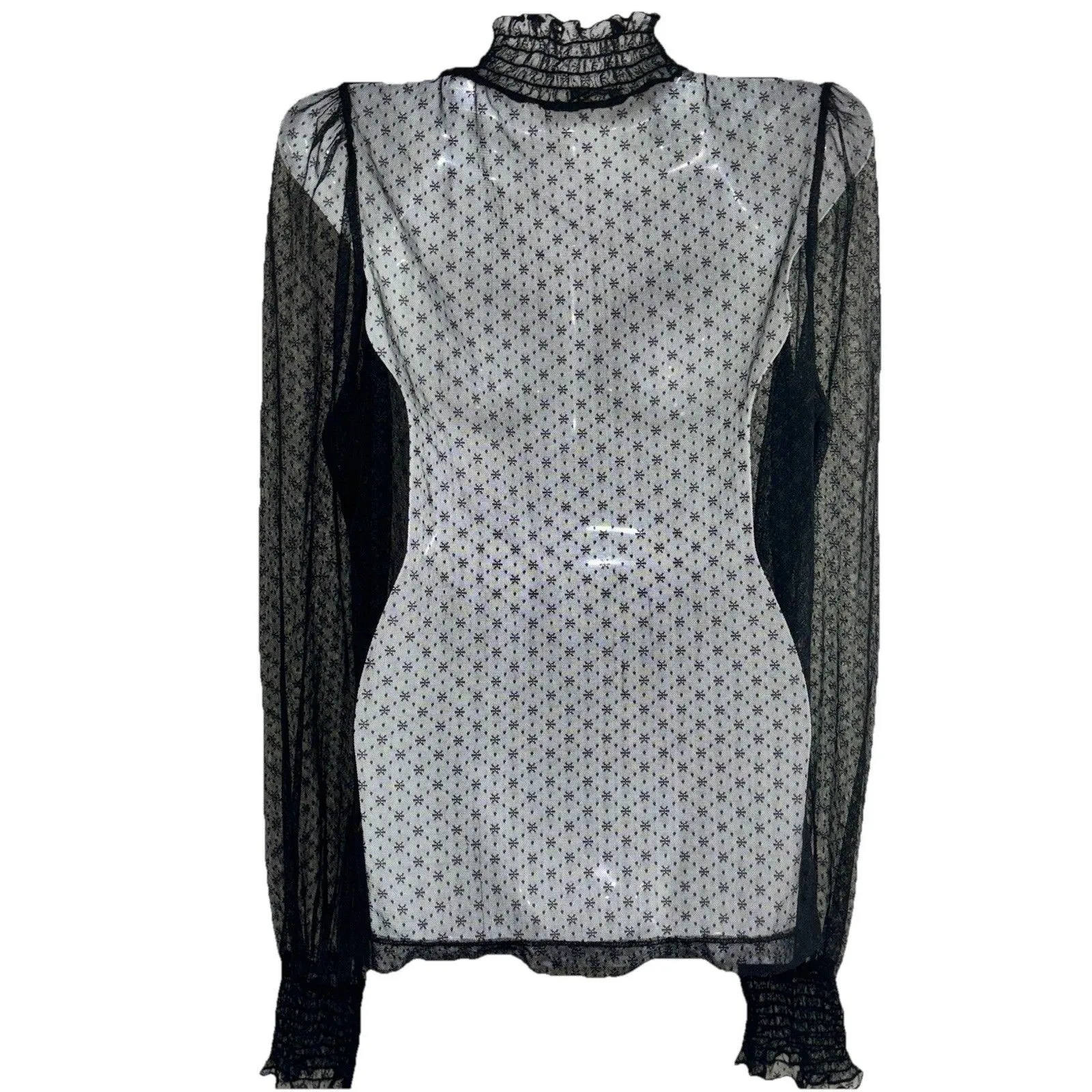 Bebe Black Mesh Sheer See Through Long Sleeve Mock Neck Floral Blouse Top Size L - Image 2