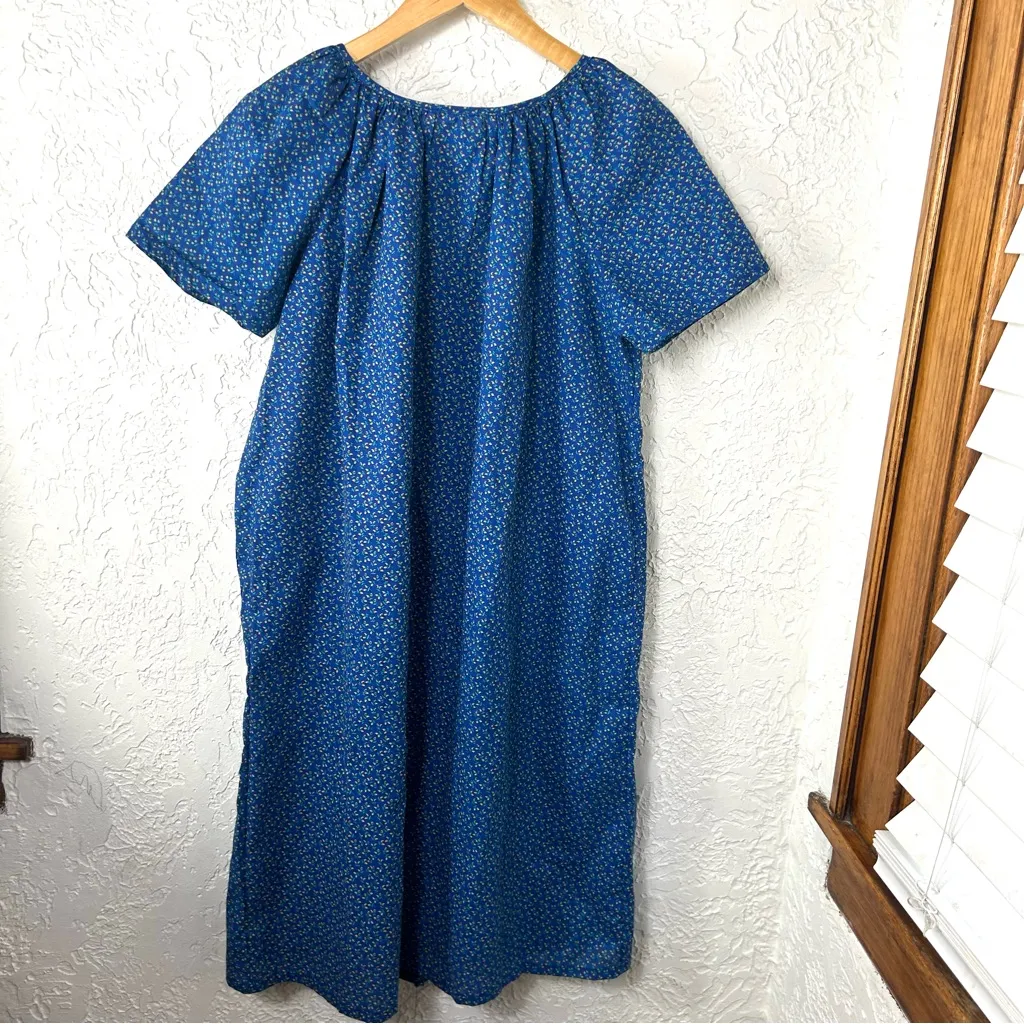 VTG 70’s Blue Yellow Floral Snap Button House Dress Nightgown Cottage Size 14 - Image 10