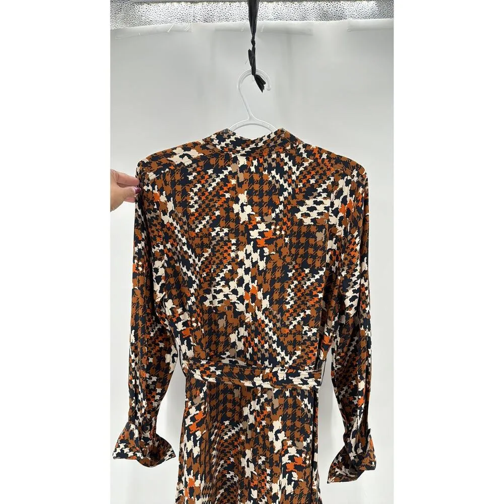 Equipment Relle Houndstooth Silk Midi Dress orange brown blue chic classic sz 4 - Image 9