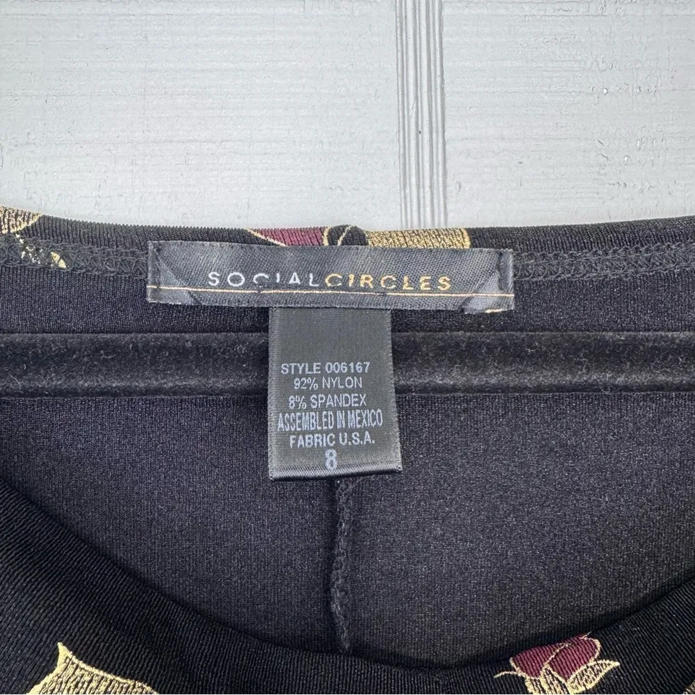 Social Circles Floral Gold Metallic Black Mini Short Sleeve Dress Boat Neck Tie Size 8 - Image 4