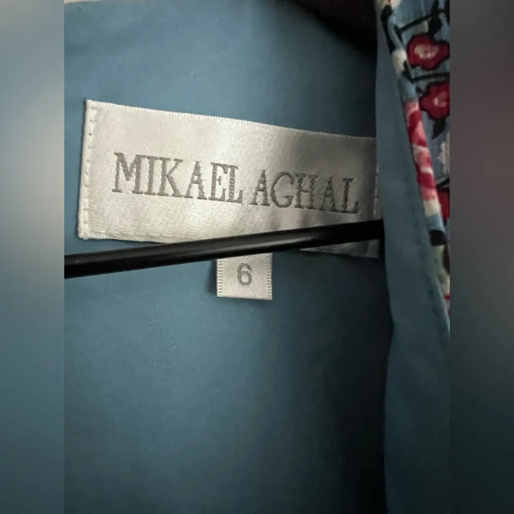 MIKAEL AGHAL Ruffle Trim Floral Print Burnout Georgette Maxi Dress long sleeve Blue Size 6 - Image 6