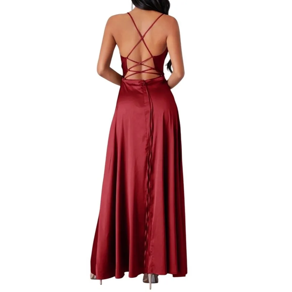 Shein Red Satin Backless Spaghetti Strap Maxi Dress With High Slit party prom - Image 3