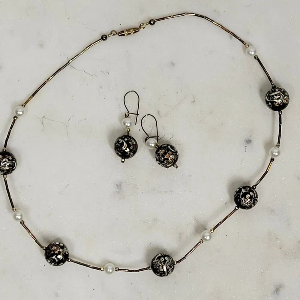 Tensha Bead Freshwater Pearl Jewelry Handpainted Spaced Necklace Earrings Japan Black - Image 5