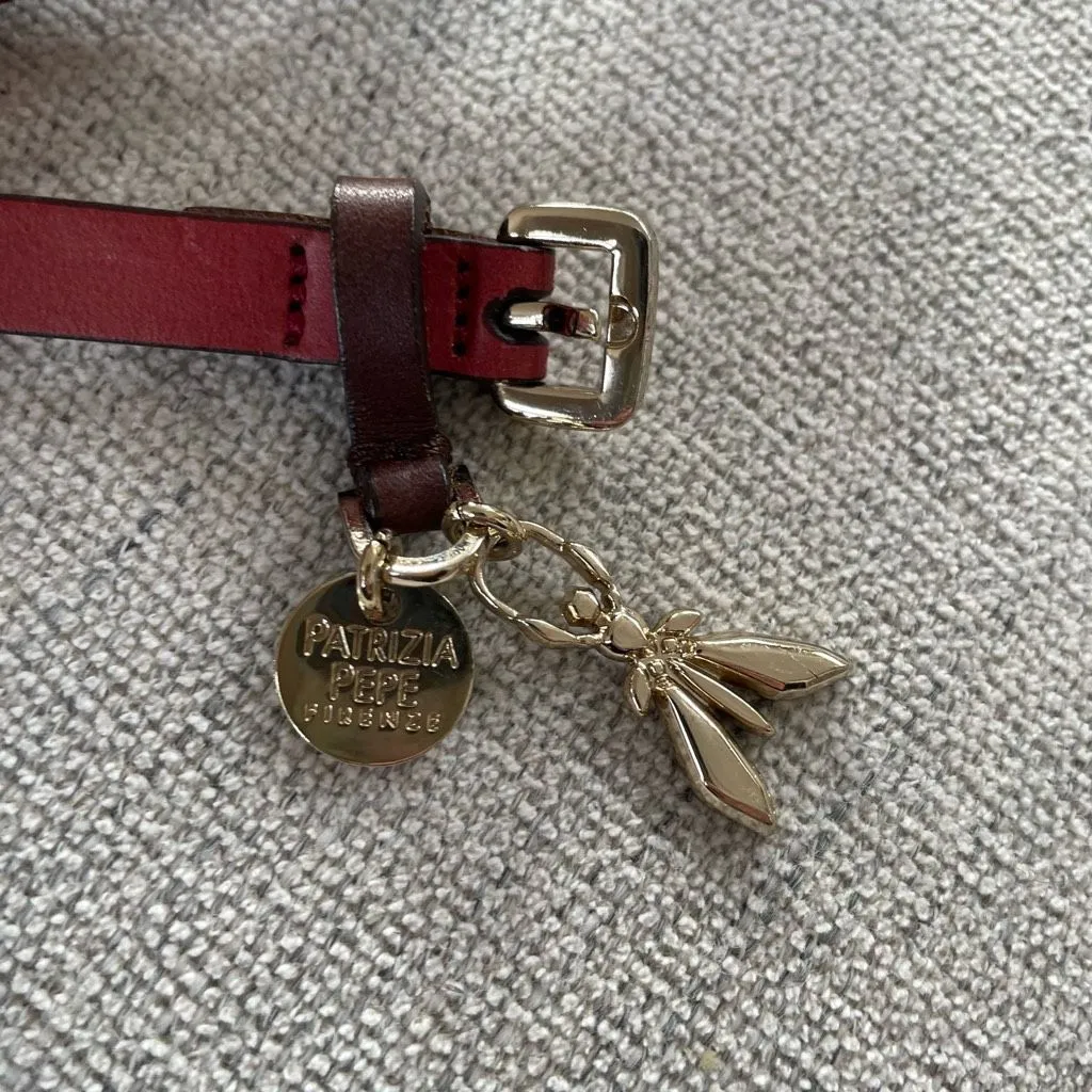 Patrizia Pepe Italian Leather Belt Gold Fly Charm Red Burgundy OSFM - Image 3