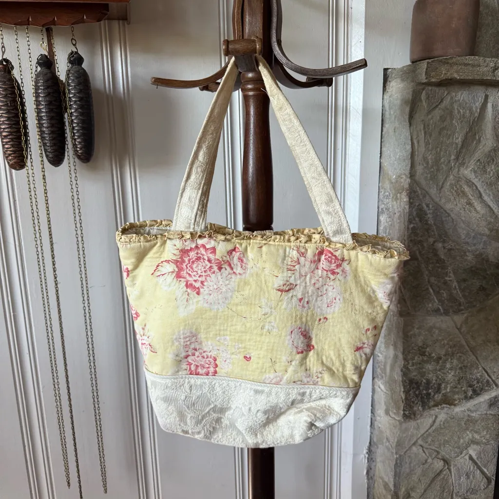 Vintage Handmade Patchwork Embroidered Cotton Tote Cottagecore Bag Pink - Image 9