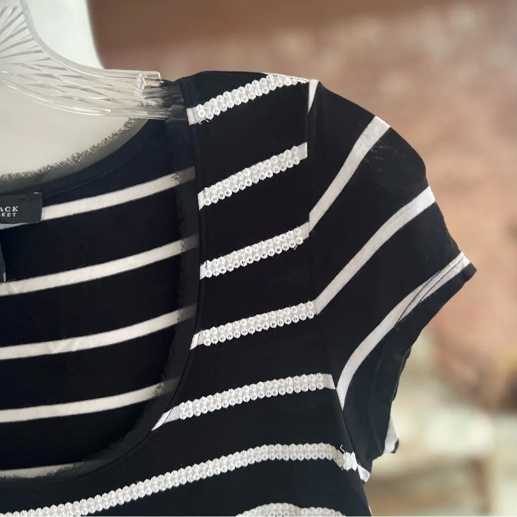 WHBM Top Sequin Black White Striped Tee Shirt XXS Party Festive Chic Holiday Mod - Image 5