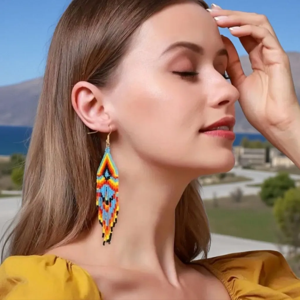 1 Pair Multicolor Bohemian Beaded Tassel Earrings Ethnic Tribal‎ Style Blue - Image 7