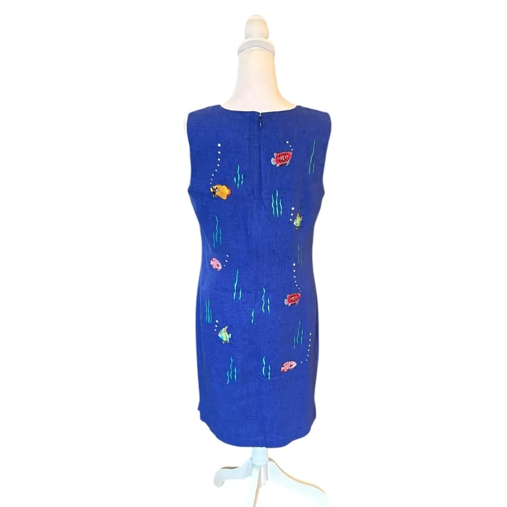 Ultra Dress Linen Sleeveless Mini Dress With Embroidered Fish Womens 12 Blue - Image 2