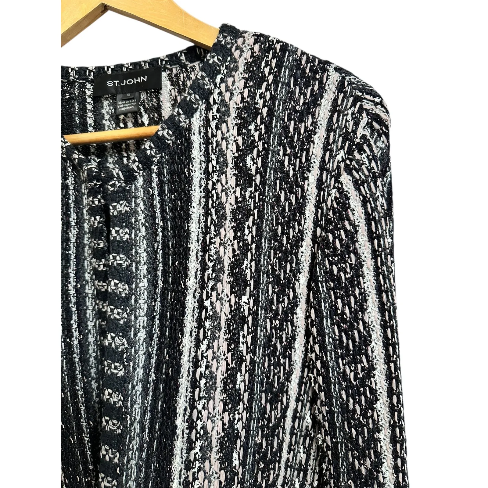 St. John ombre vertical stripe tweed Knit Long Cardigan Jacket Women's 10 Fringe - Image 3