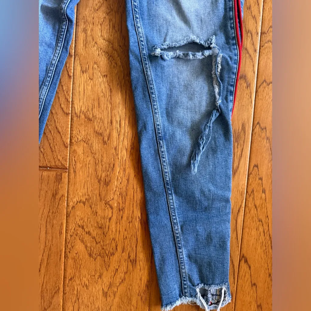 Zara Basic Z1975 Red Side Stripe Distressed Denim Blue Jeans Sz 8 - Image 2