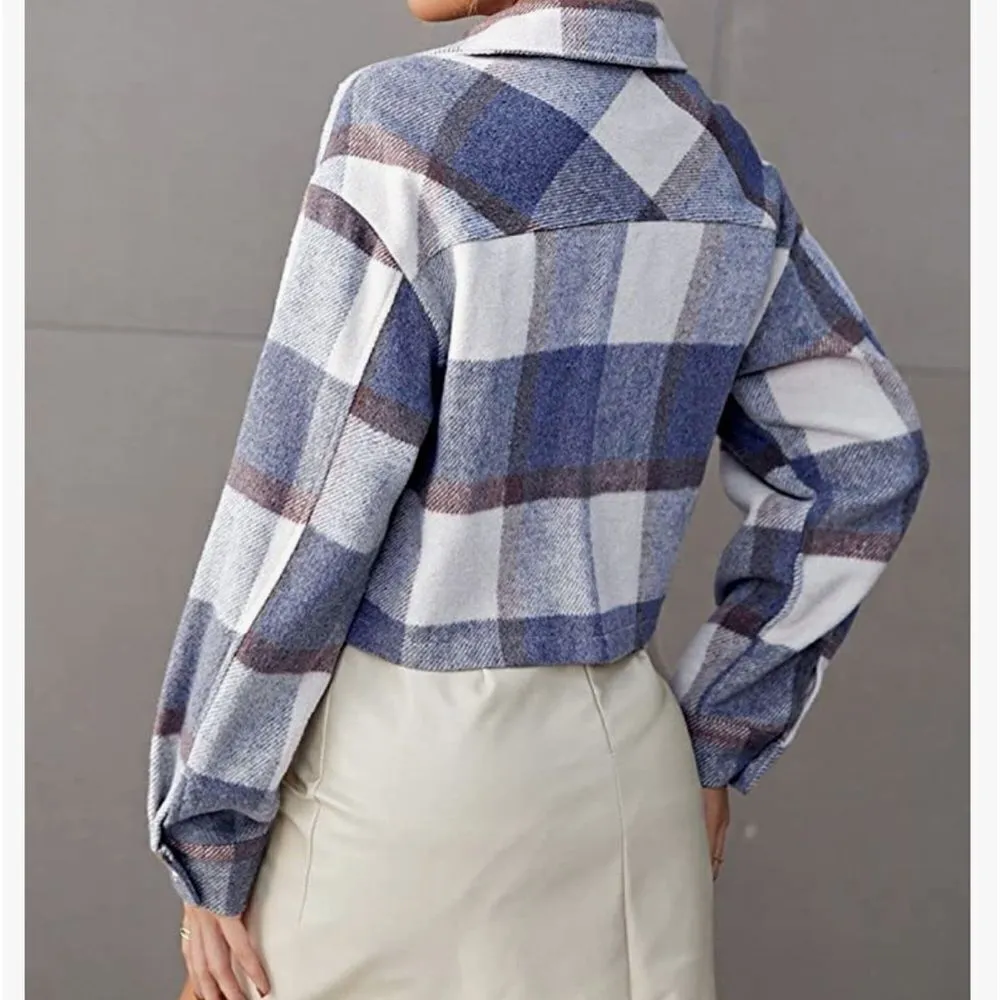 Plaid Print Drop Shoulder Crop Overcoat Size Large Blue - Image 2