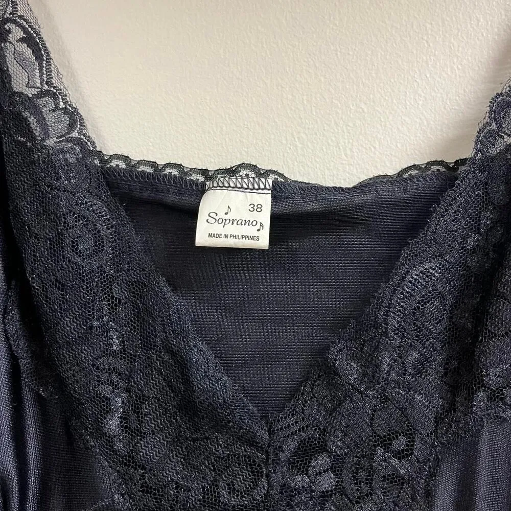 vintage y2k 2000s black satin slip nightgown with lace size 38 NEW Size L - Image 2