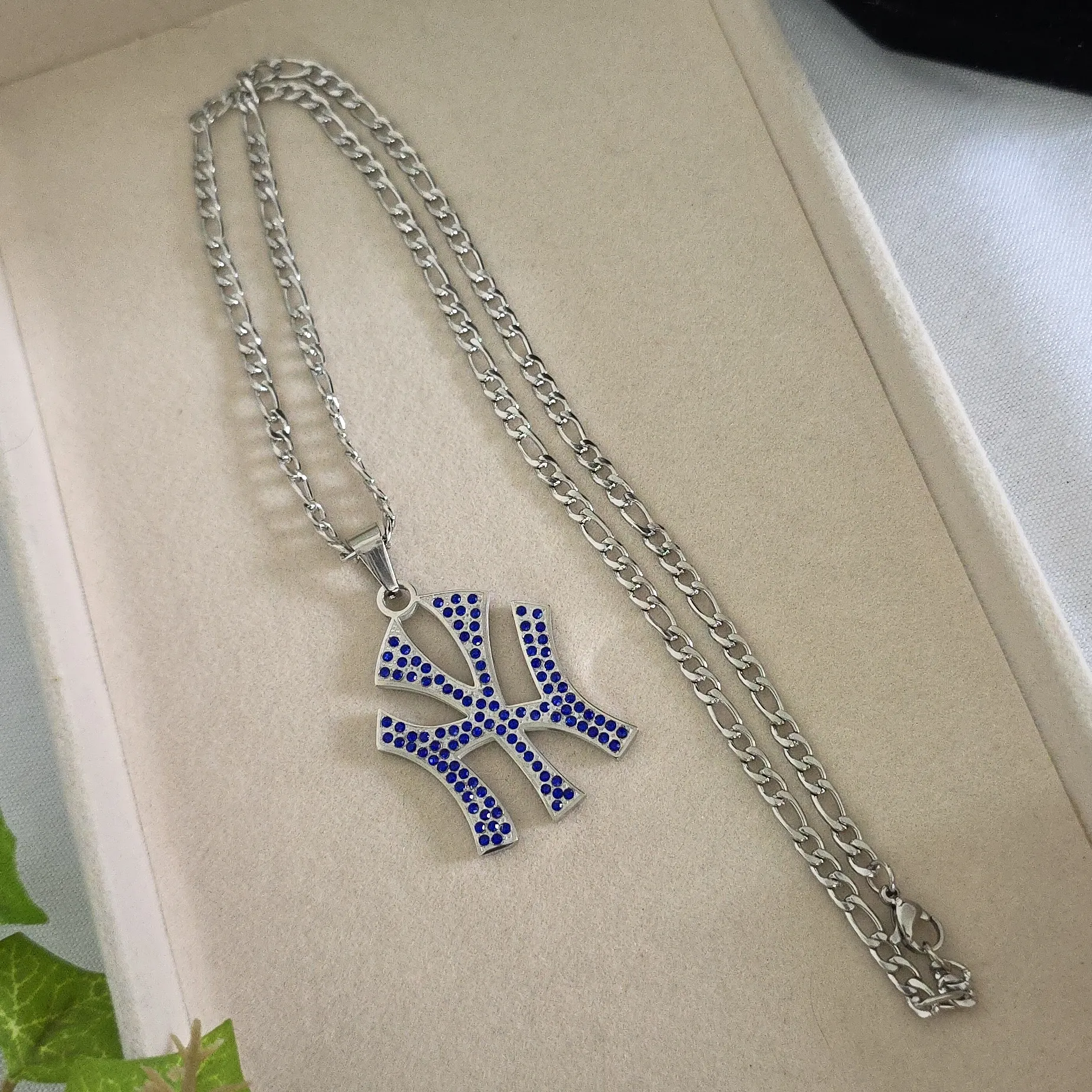 Silver Stainless Steel Figaro Chain Necklace and New York Yankees Blue Pendant - Image 2