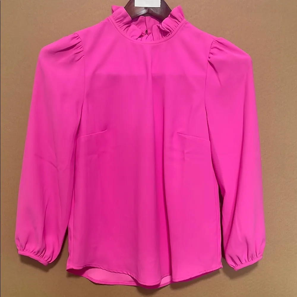 J. Crew XXS Hot Pink Blouse with Puff Sleeves and Mandarin Collar - Image 3