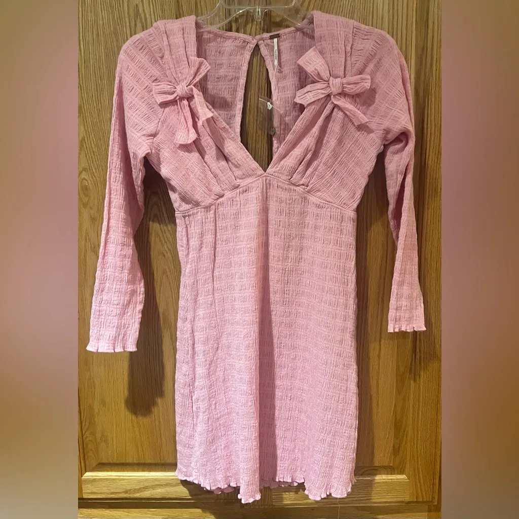 Free People Palina Long Sleeve Smocked‎ Bow Details Mini Dress Rose Pink Size XS - Image 6