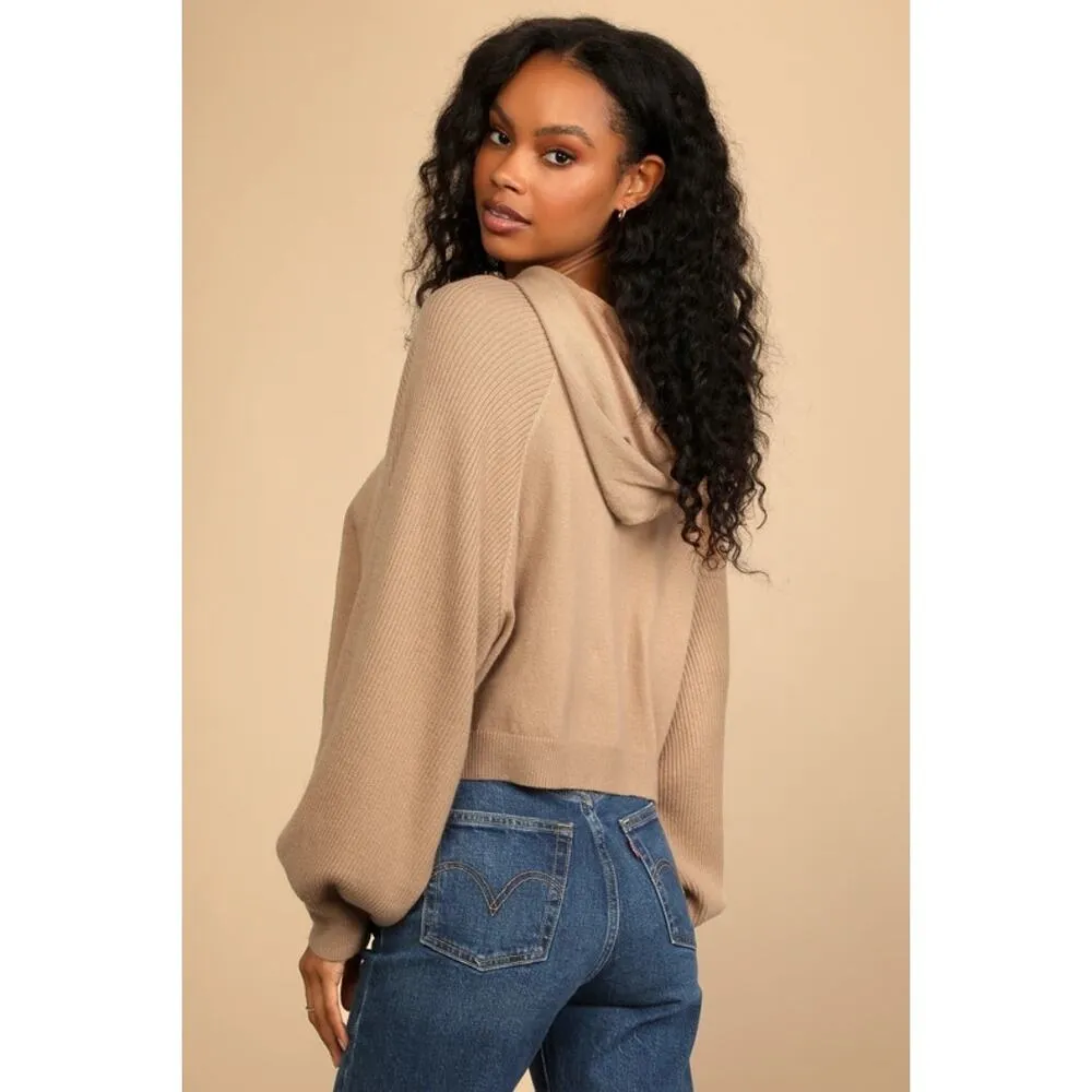 Lulus Casual Cozy Light Brown Balloon Sleeve Pullover Hooded Sweater Size XS - Image 2