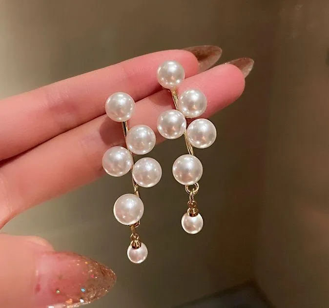 Elegant White Pearl Dangle Drop Earrings for Women Gold - Image 3