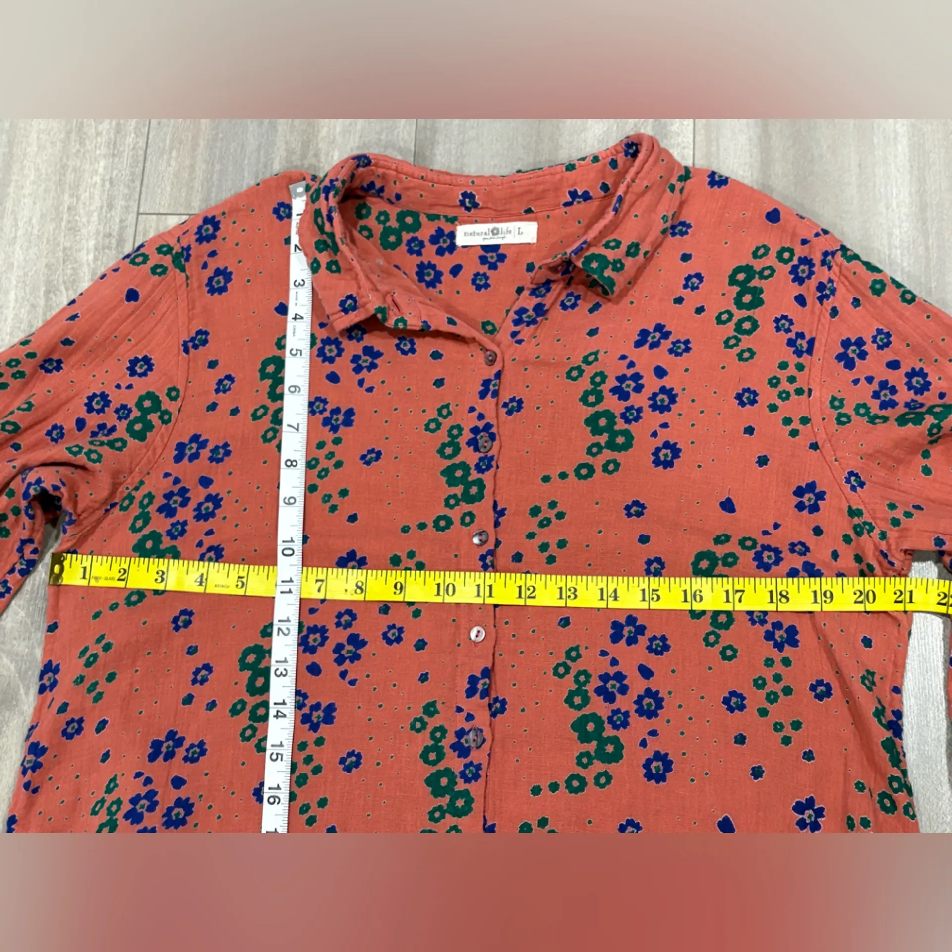 NATURAL LIFECoral Crepe Cotton Floral Collared Button Up Shirt Dress Size L - Image 4