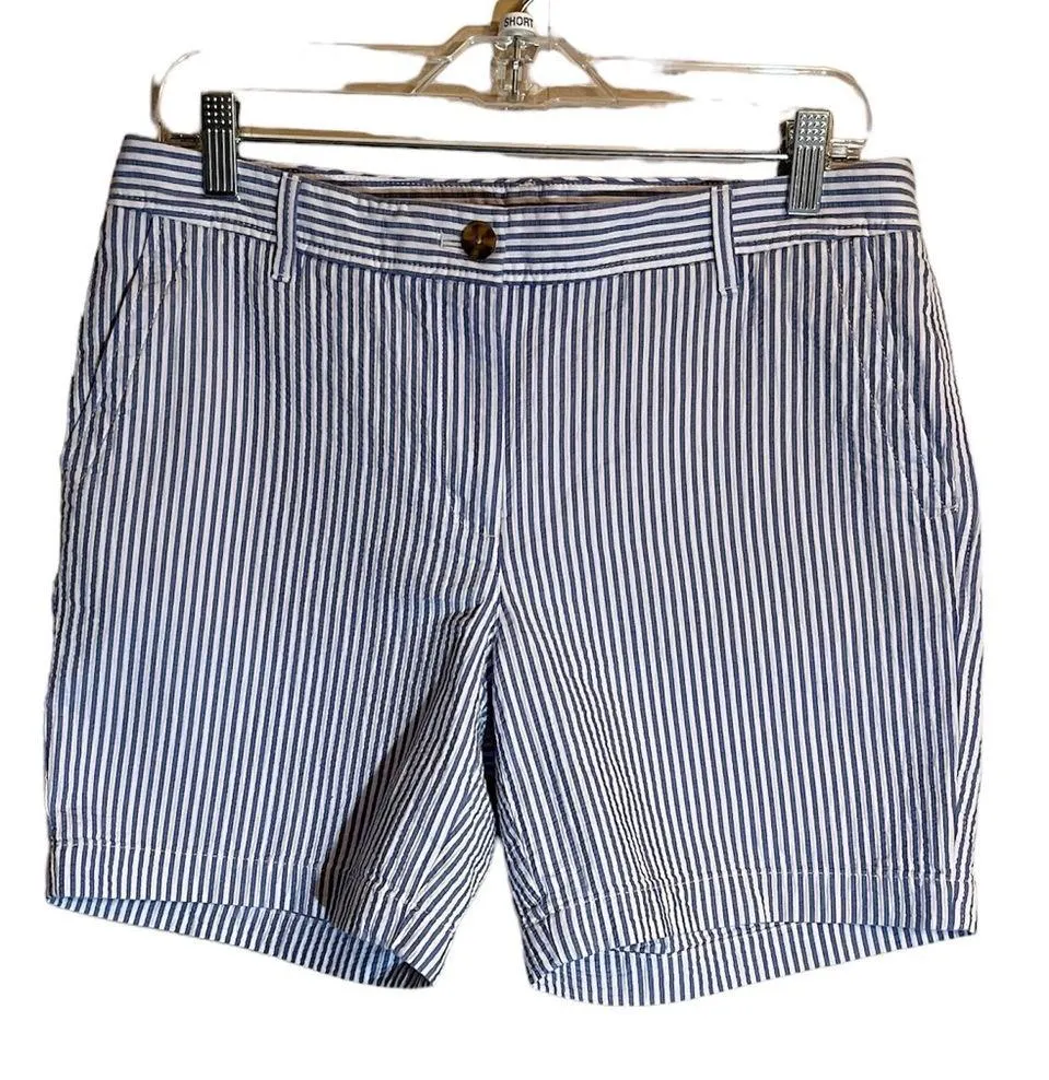 TALBOTS RELAXED CHINO SHORTS - SUNSHINE SEERSUCKER BLUE WHITE 6 - Image 6