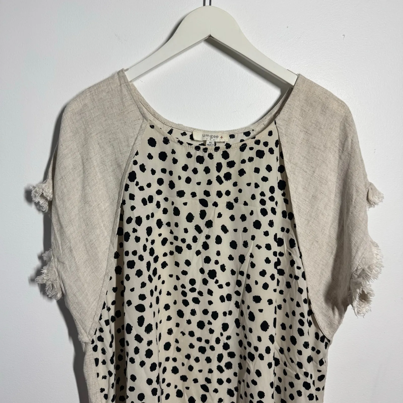 UMGEE Coastal Boho Tunic Top Women XL Cream Frayed Hem Leopard High Low Linen - Image 3