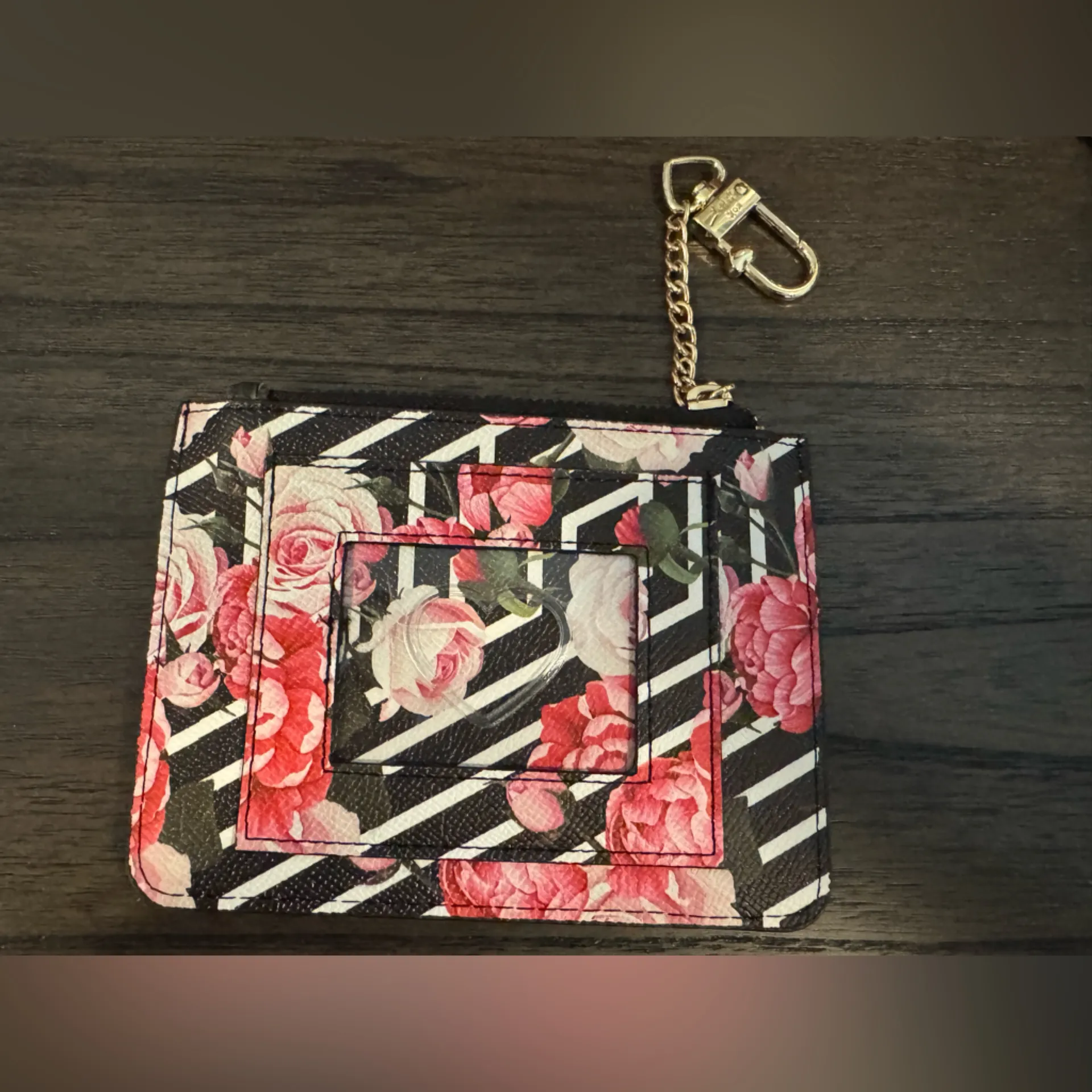 Betsy Johnson black white Pink Floral Card Holder with Keychain - Image 3