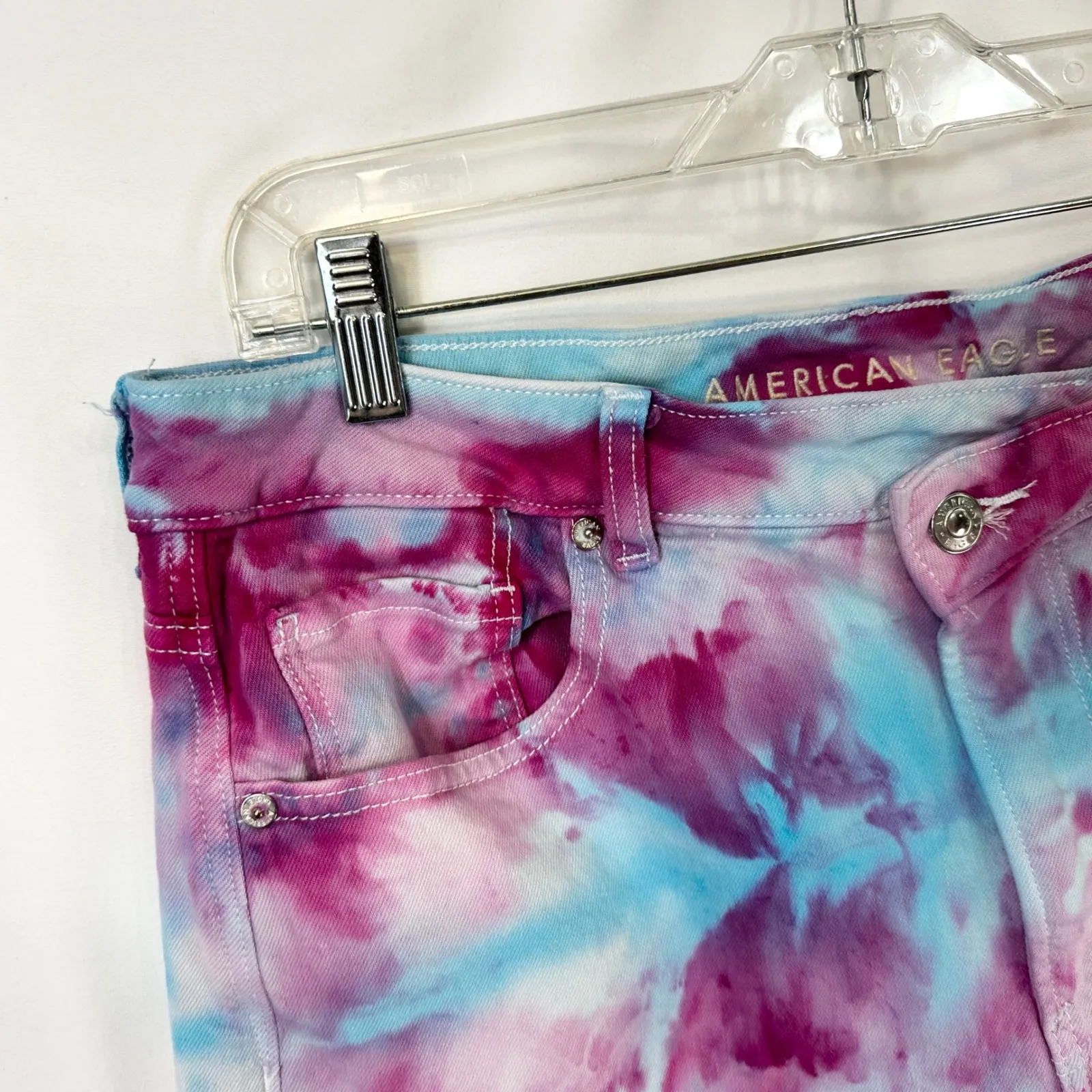 American Eagle Size 16‎ Jeans Handmade Tie Dye Mom Jeans Pink Blue High Rise 974 - Image 6