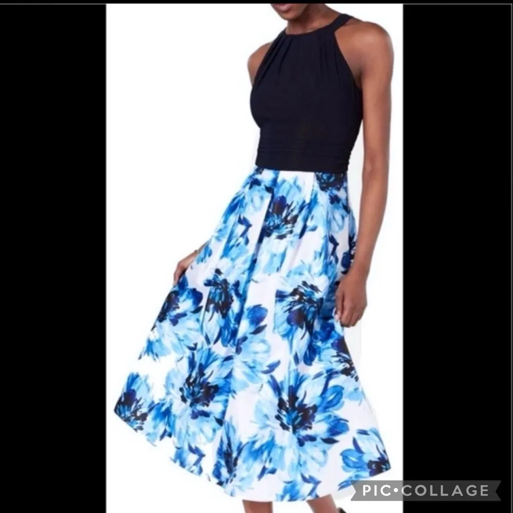 NWT SLNY Dress Midi Floral Fit & Flare Halter Blue Black 14 Cocktail Event Glam - Image 2