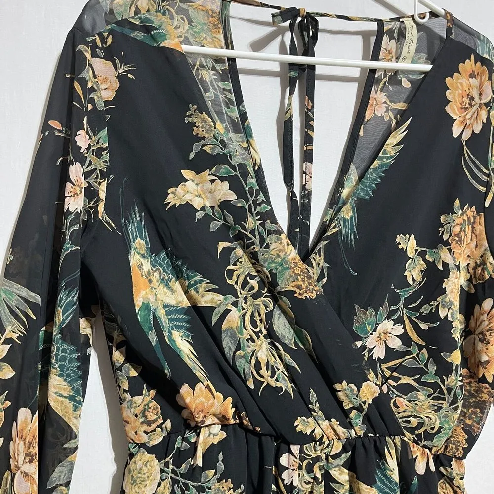 Final Touch Romper Women's Medium Black Floral‎ Sheer Surplice Neck Long Sleeve - Image 3