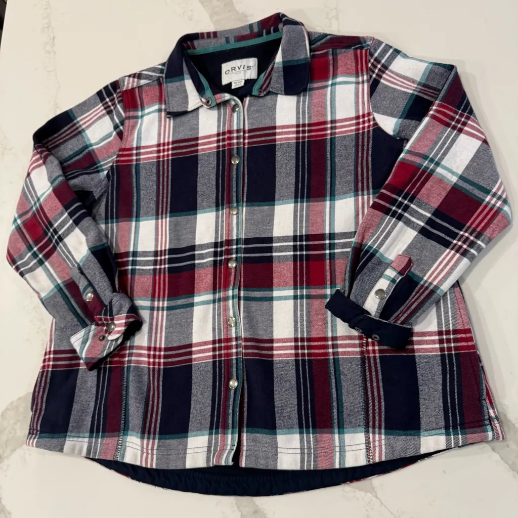 Orvis Fleece Lined Plaid Flannel Pinnacle Shirt Jacket Shacket Women’s XXL Blue - Image 2