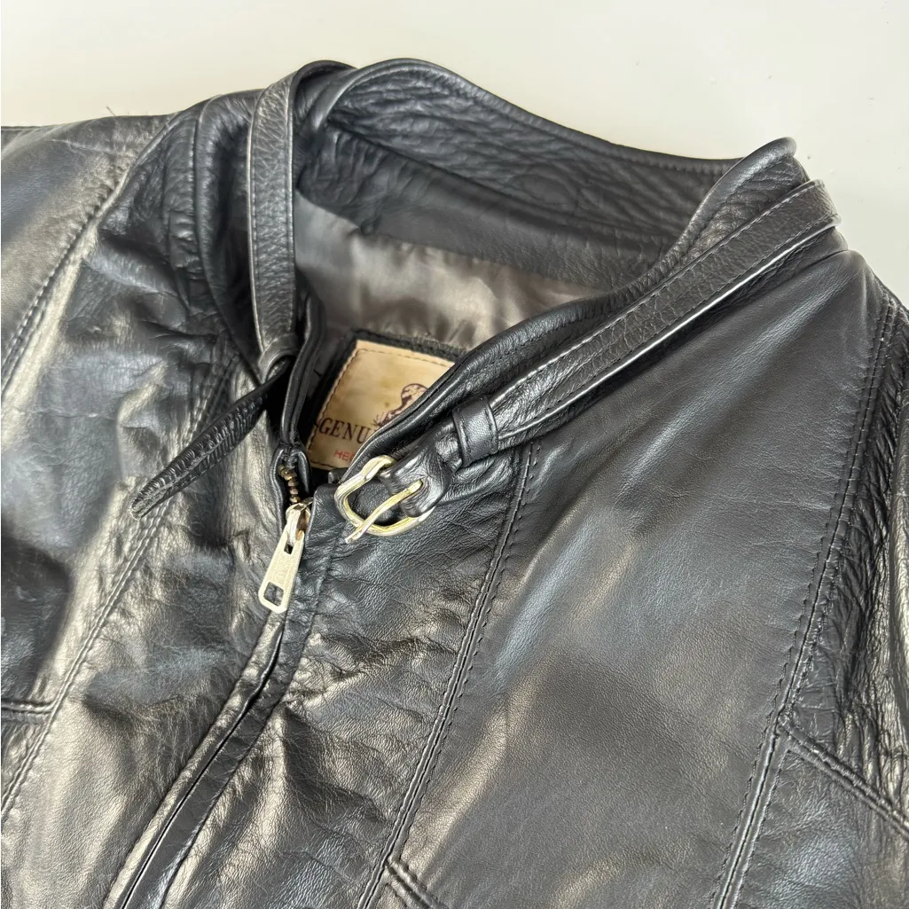 Vintage 80s Black Leather Buckle Neckline Cropped Leather Jacket Sz 46 Large XL - Image 5