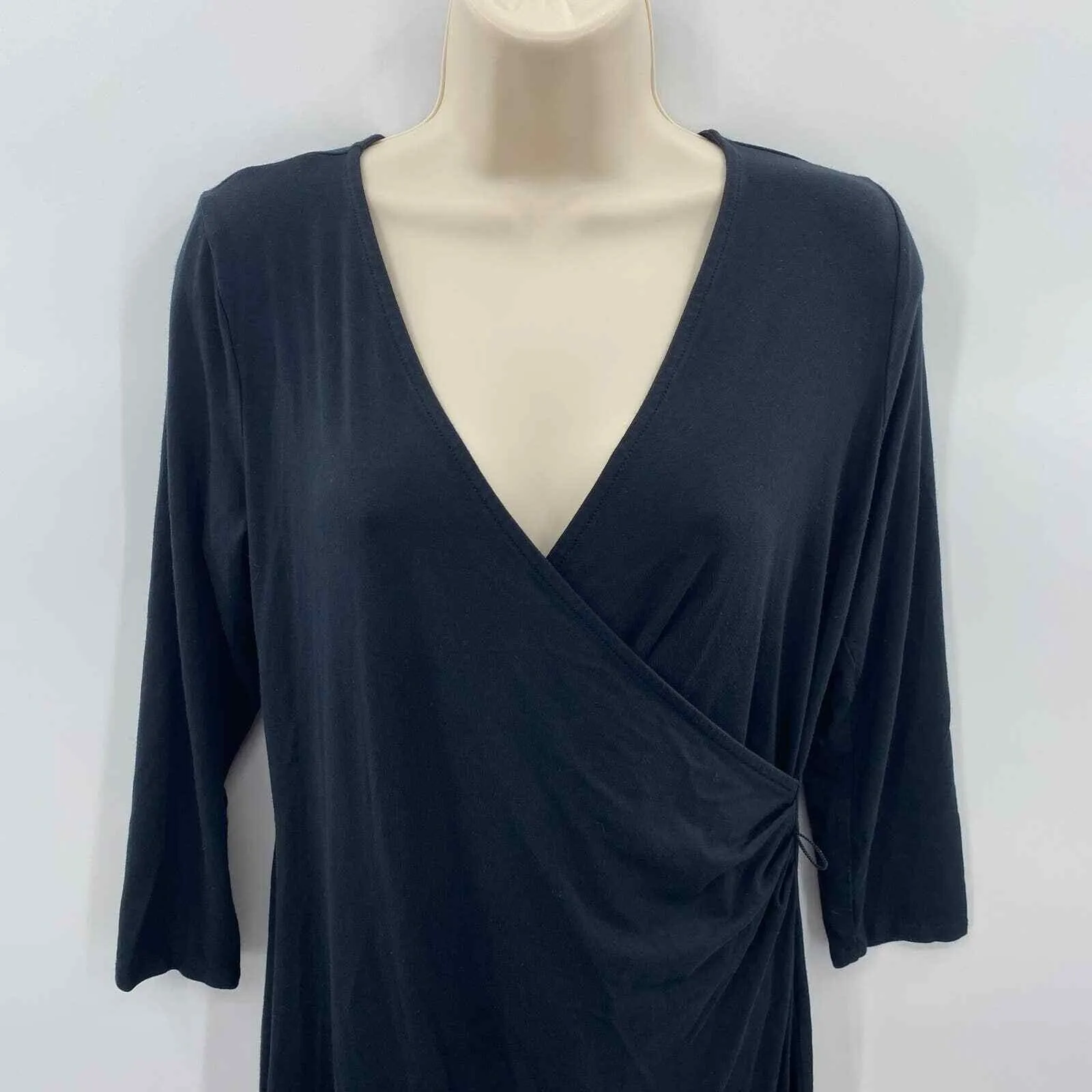 Talbots Faux Wrap Dress Womens Small Petite Black Rayon V-Neck Belt‎ Loops - Image 2