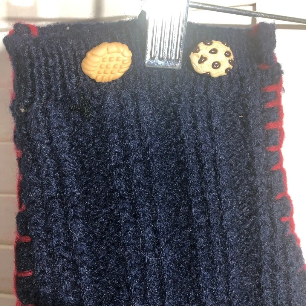 Vintage Thick Wool Knit Mittens Cookie Buttons Hand Crocheted Trim Navy Blue L - Image 7