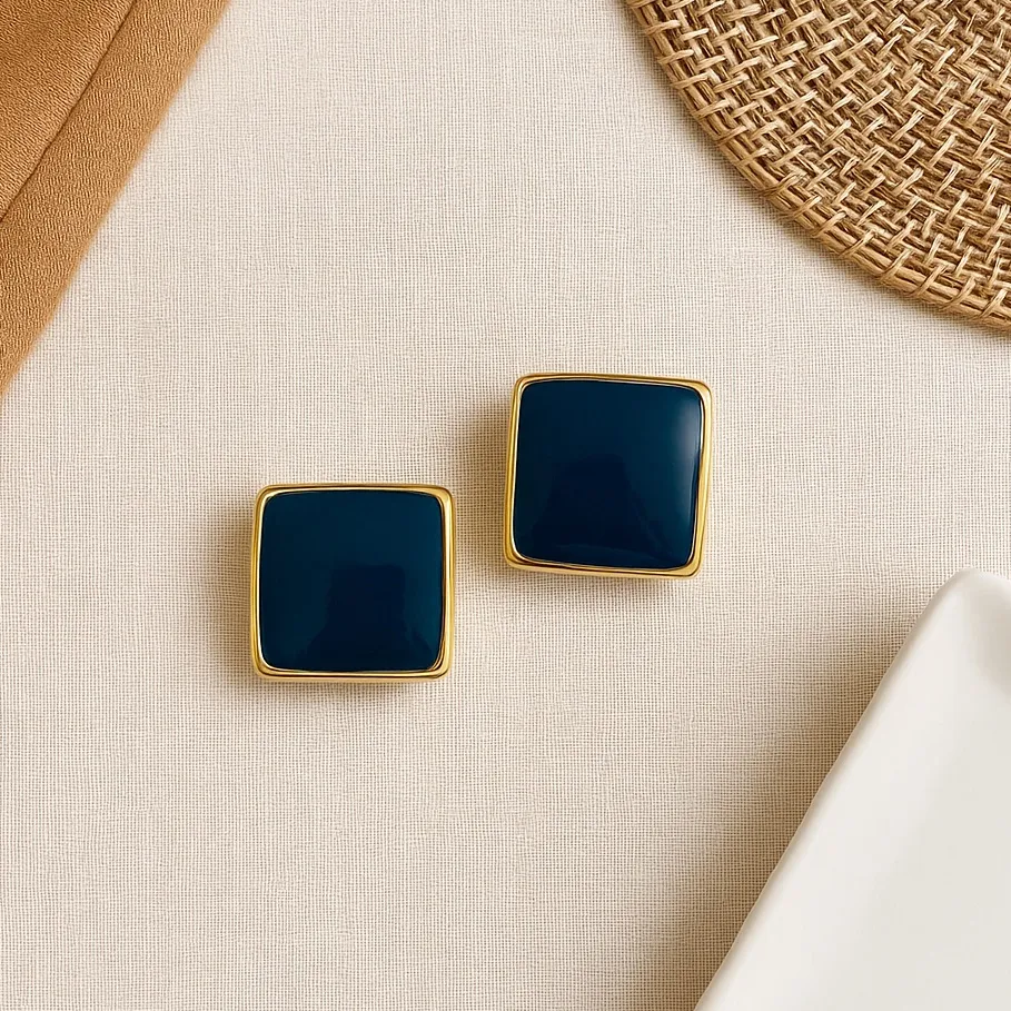 Vintage 80s M.Jent Gold & Navy Enamel Square Fashion Clip - Image 15