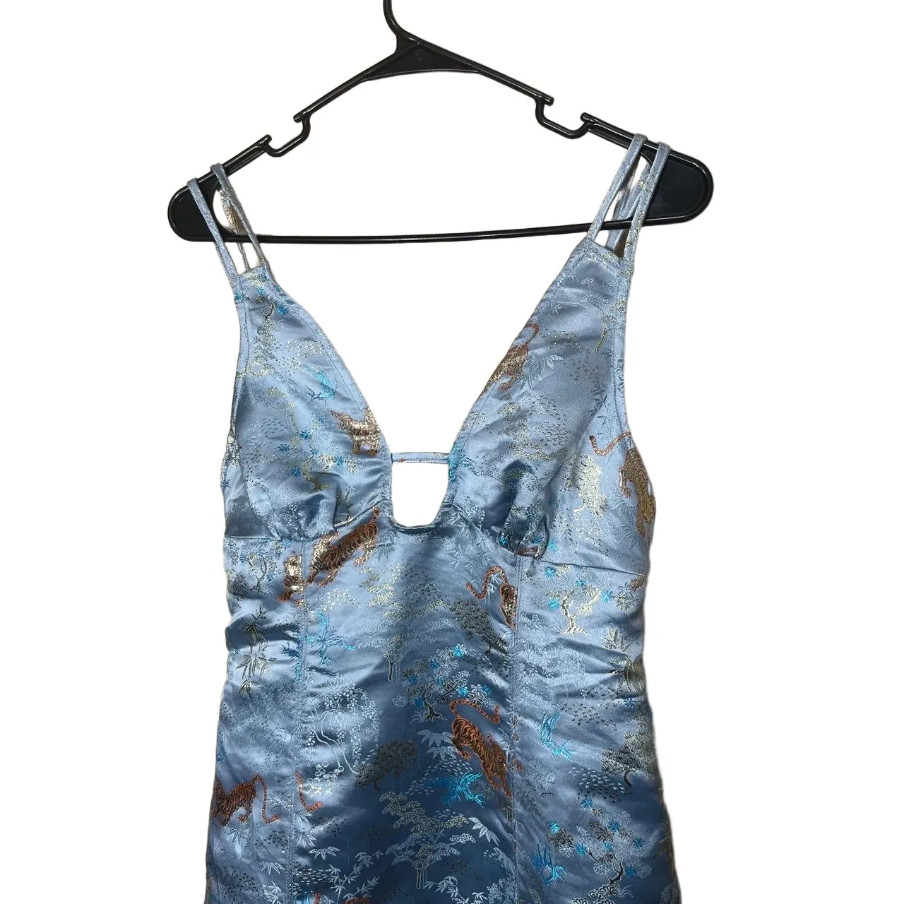 NWT Urban Outfitters Cassie Blue‎ Satin  Embroidered Tigers Mini Dress Medium - Image 2