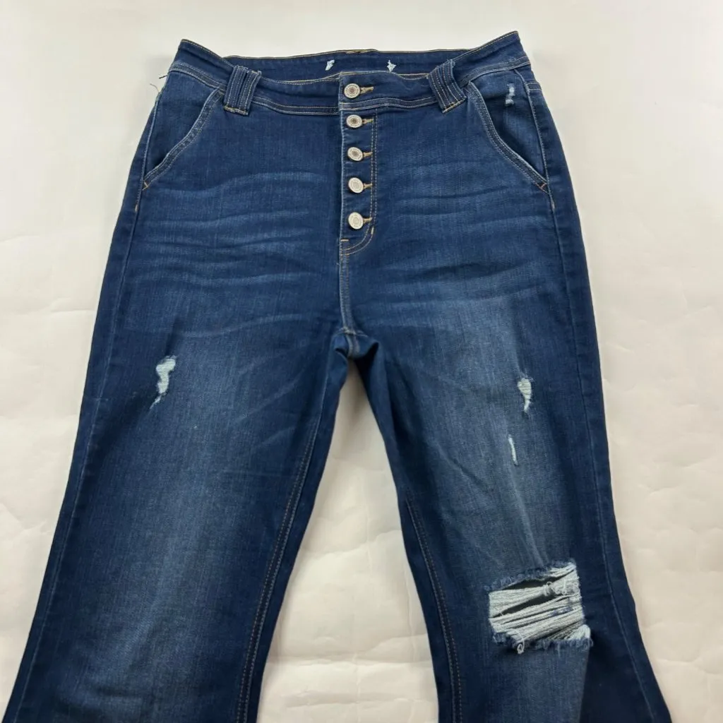 Kancan Dark Wash Stretch Denim High Rise Button Fly Flared Jeans 28 Blue - Image 2
