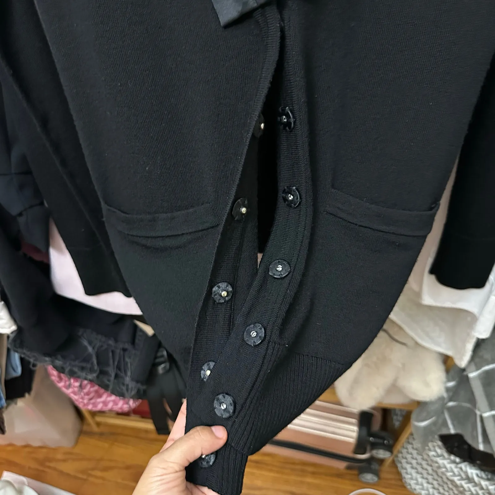 Tory Burch Merino Wool & Silk Gauge Cardigan Black Size XS - Image 13