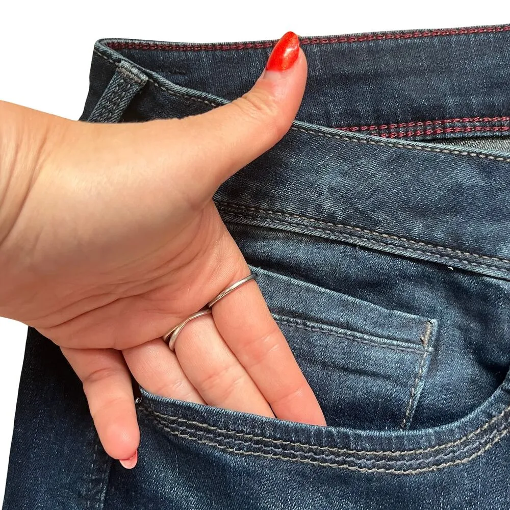 Seven7 High Rise Skinny Dark Wash Distressed Jeans Slit Ankle Raw Hem size 14W - Image 9