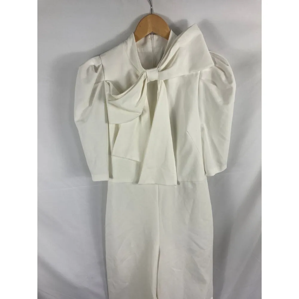 Black Halo Eve Ara Bow Puff Sleeve Wide Leg Jumpsuit White Size 10 - Image 4