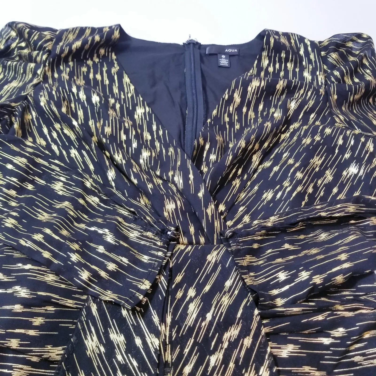 Aqua Black & Gold Metallic Jacquard Mini Dress Puff Sleeves V-Neck Long Sleeves - Image 13