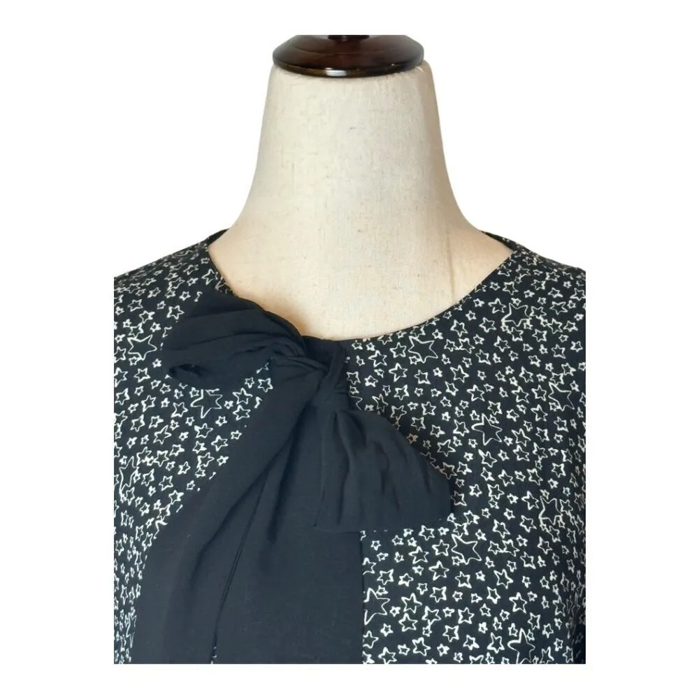 Zara Dress Women Medium Black Ivory Star Print‎ Bow Neckline Long Sleeve Mini - Image 7