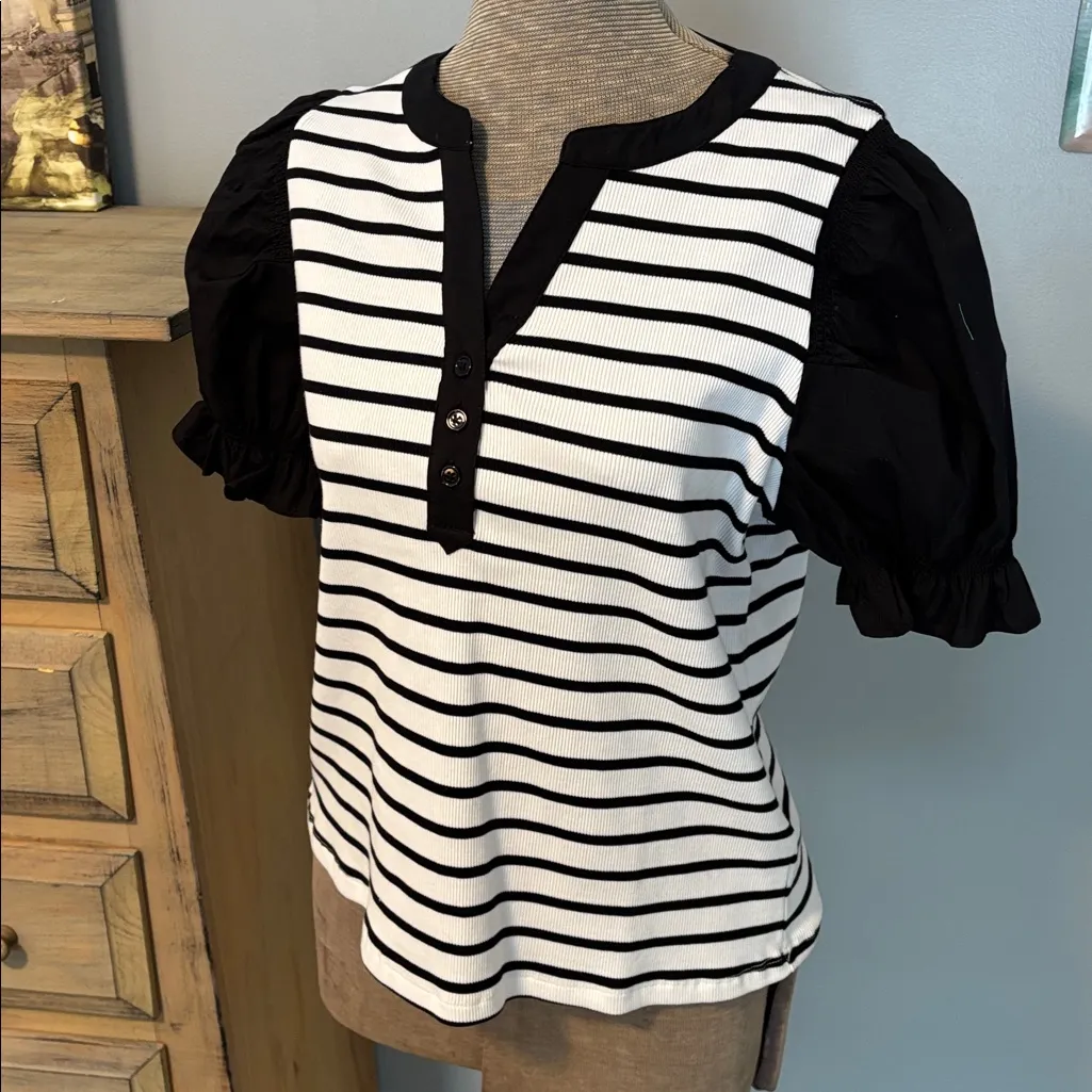 Bailey 44 Black and White Short Sleeved Striped V-neck  Top - Image 2