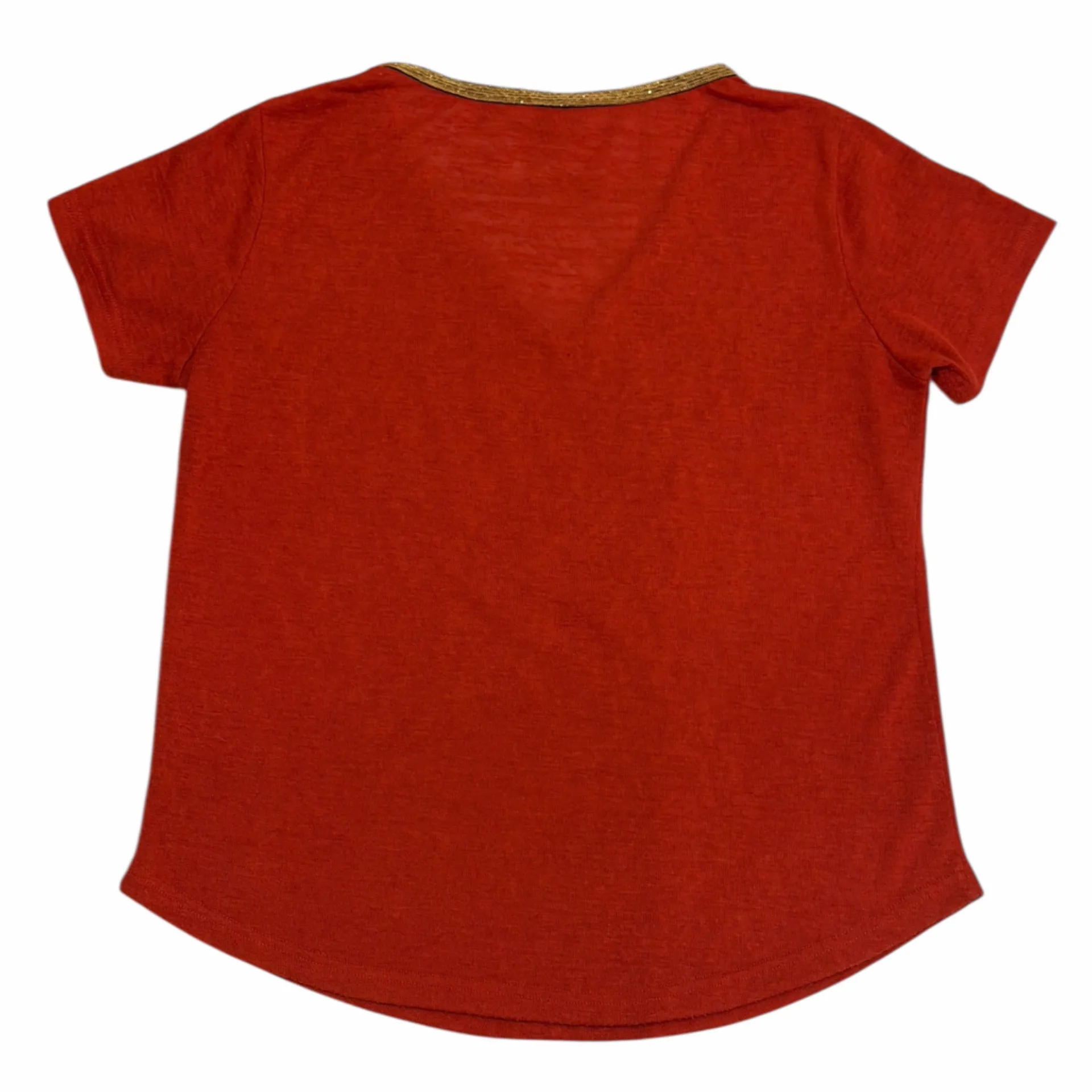 Molly Bracken Red Top with Iridescent Gold V-Neckline Size Medium - Image 7