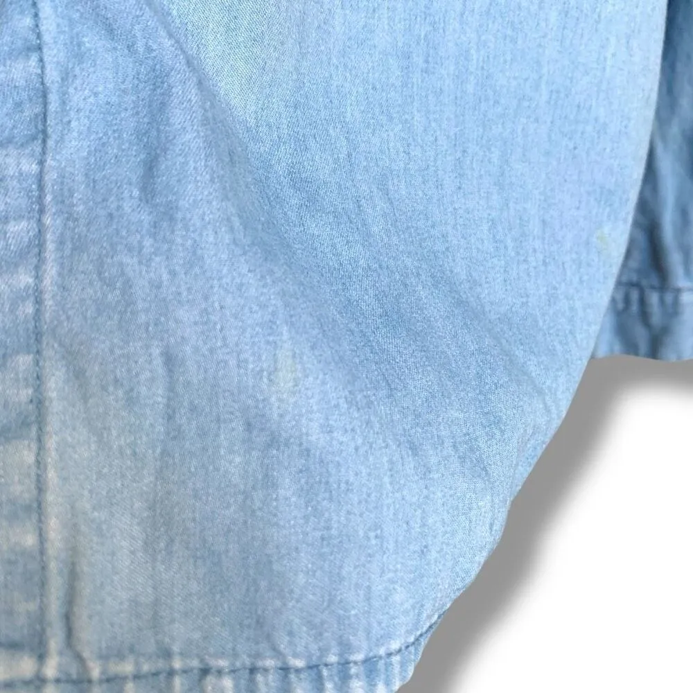 Vintage 90s Embroidered Chambray Denim Shirt Button Down Floral Long Sleeve Blue Size M - Image 5