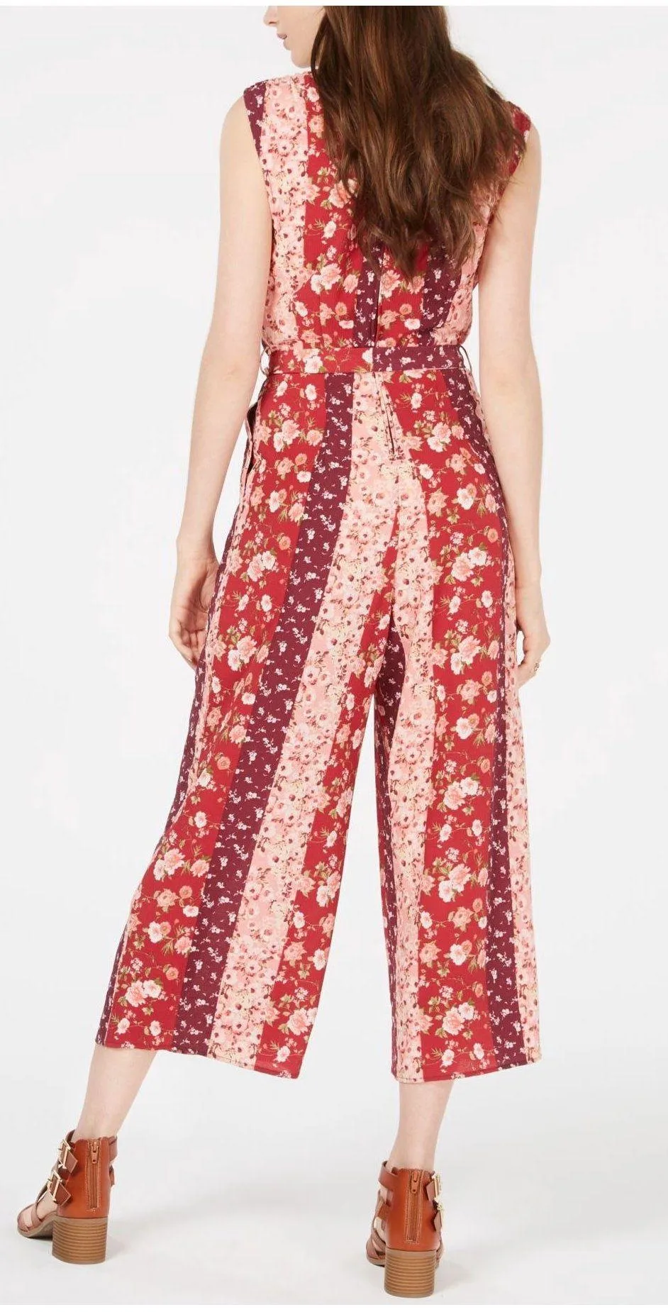 New  Floral Stripe Printed Tie Waist Cropped Jumpsuit Red Pink Medium - Image 4