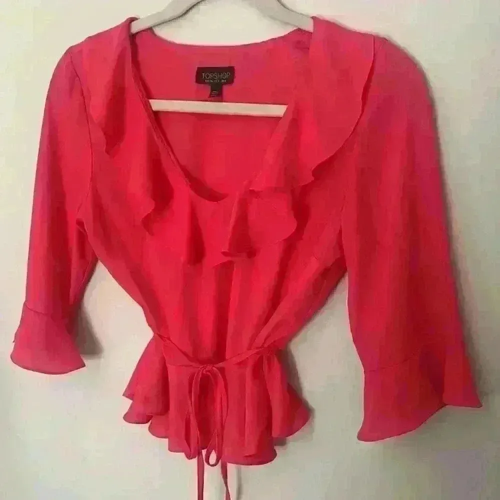 TOPSHOP Peplum Ruffle Blouse Hot Pink Crepe Top 3/4 Bell Sleeve Belt Size 4 - Image 5