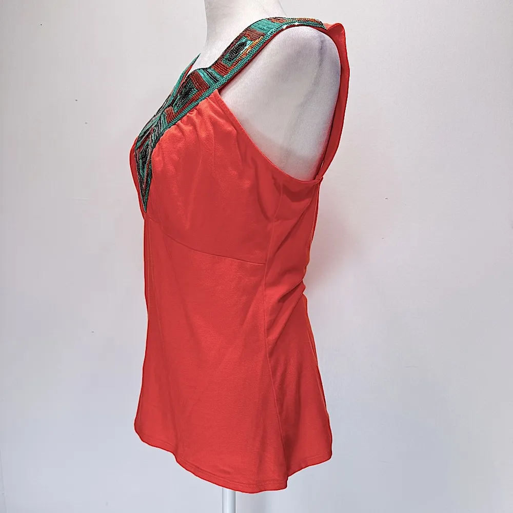 Bisou Bisou Melon Orange Tank with Sequined V Neckline Strap Built in Bralette - Image 6