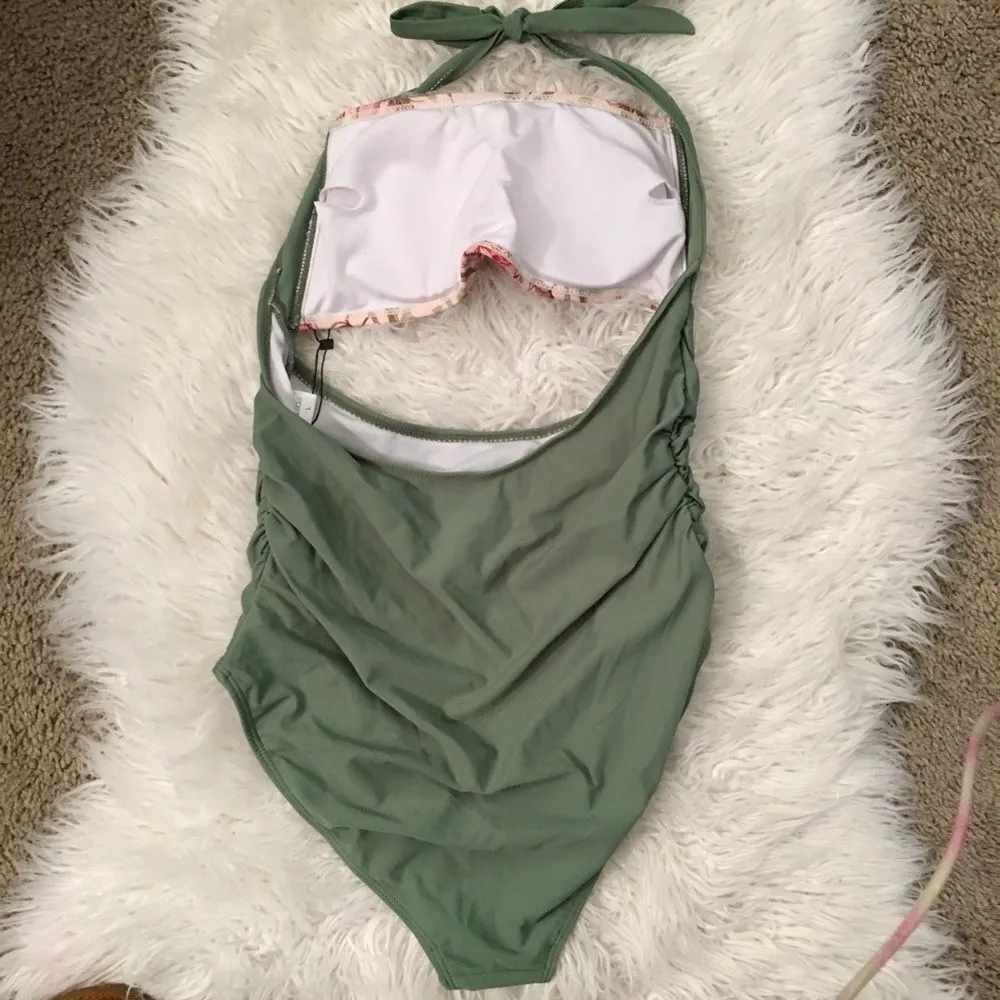 New with tags! 1930s Style Peony One piece ruched bathing suit Green Size L - Image 7