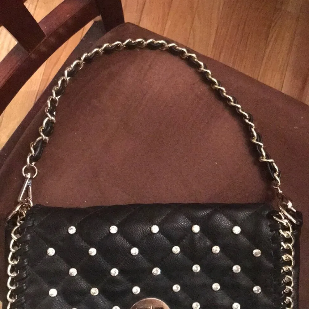 Black quilted studded handbag/clutch with strap - Image 4