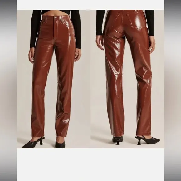 Abercrombie & Fitch The 90s Straight Ultra High Rise Faux Leather Pants Brown - Image 2